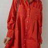 Women's Tomato Red Bishop Sleeve Button Up Pleated Mini Dress - Image 4