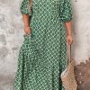 Plus Size Green Geometric Floral Print Maxi Dress with Half Sleeves - Image 9