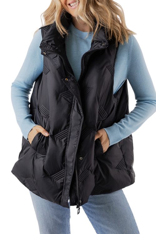 Women's Black Quilted High Neck Zip Up Jacket Vest - Stylish and Insulated Outerwear