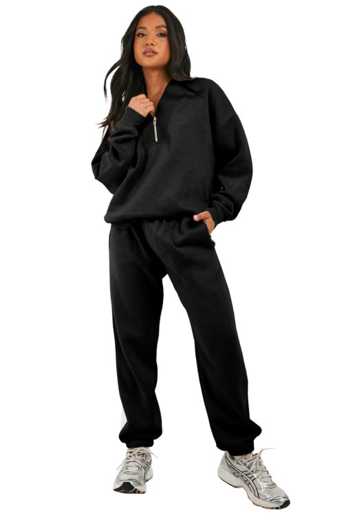 Women's Black Plain Half Zip V-Neck Ribbed Edge Loose Tracksuit