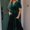 Evergreen Velvet Maxi Dress with Short Sleeves and Tiered Skirt - Image 3