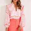 Women's Desert Flower Vintage Print Smocked Poet Collar Blouson Sleeve Blouse - Image 4