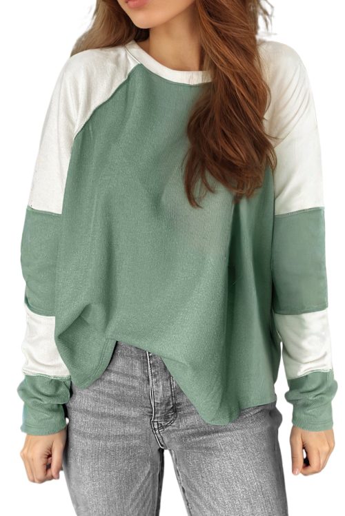 Women's Mint Green Ribbed Colorblock Patchwork Raglan Long Sleeve Top