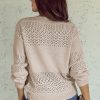 Women's Brown Eyelet Pattern V Neck Drop Shoulder Sweater - Casual Chic for Fall - Image 15