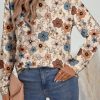 Women's Khaki Floral Print Loose Crew Neck Long Sleeve T-Shirt for Daily Wear - Image 6