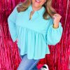 Plus Size Turquoise Corded Balloon Sleeve Collar Babydoll Top - Image 6