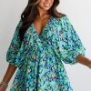 Chic Green Abstract Print Puff Sleeve V Neck High Waist Romper for Women - Image 5