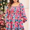 Women's Plus Size Rose Floral Smocked Square Neck Mini Dress - Image 6