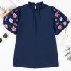 Elegant Women's Sail Blue Puff Sleeve Blouse with Shellfish Coral Embroidery - Image 8