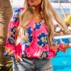 Plus Size Rose Floral Pattern V Neck Balloon Sleeve Blouse for Women - Image 2