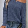 Women's Real Teal Pointelle Knit Boat Neck Drop Shoulder Sweater - Image 3