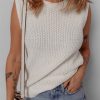 Women's White Solid Color Eyelet Knit Crew Neck Sweater Vest - Stylish and Comfortable - Image 6