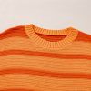 Women's Vibrant Orange Stripe Colorblock Crew Neck Drop Shoulder Loose Sweater - Image 6