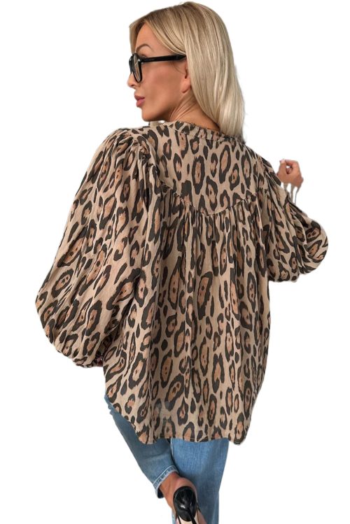 Women's Light French Beige Oversized Leopard Print Balloon Sleeve Casual Shirt