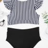 Plus Size Black Stripe 2-Piece Knot Cutout Ruffle Sleeve Swimsuit - Image 9