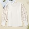 Plus Size Apricot Contrast Floral Guipure Lace Lantern Sleeve Blouse for Women - Image 8