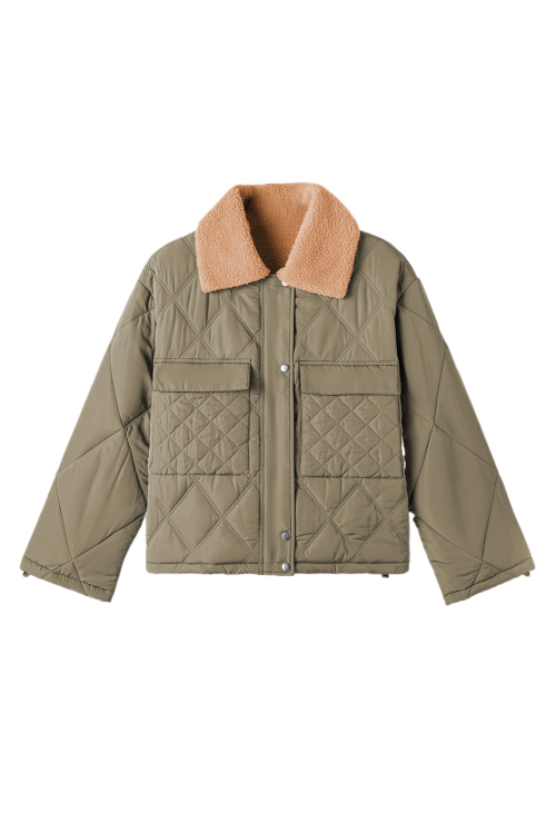 Women's Jungle Green Quilted Puffer Jacket with Teddy Collar and Flap Pockets