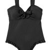 Chic Black Plus Size Textured Knotted Ruffled Trim One Piece Swimwear for Women - Image 32