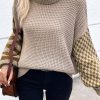 Women's Smoke Gray Striped Plaid Patchwork Waffle Knit Turtleneck Sweater - Image 6