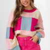 Women's Rose Red Color Block Drop Shoulder Crewneck Loose Fit Sweater - Image 5