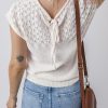 Women's Elegant White Eyelet Knit Tied Back Short Sleeve Sweater - Image 2