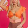 Elegant Orange Ruffle Sleeve Tricolor Cutout Front Ring One Piece Swimsuit - Image 10