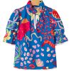 Women's Blue Abstract Print Frilled Collar Ruffled Puff Short Sleeve Top - Image 14