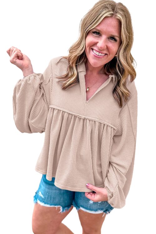 Women's Parchment Corded Turn-down V Neck Bubble Sleeve Babydoll Blouse