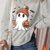 Women's Gray Halloween Ghost Print Crewneck Drop Shoulder Sweatshirt - Image 6