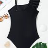 Women's Elegant Black Asymmetric Ruffle Shoulder Pleated One Piece Swimsuit - Flattering Bodycon Design - Image 12