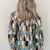 Women's Green Geometric Print Buttoned Balloon Sleeve Loose Fit Shirt - Image 3