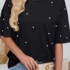 Women's Black Pearl Beaded Drop Shoulder Crewneck T-Shirt - Trendy Casual Tee - Image 10