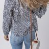 Women's Elegant Blue Floral Print Notched V Neck Puff Sleeve Blouse - Image 2