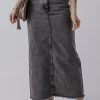 Women's Dark Grey Denim Raw Hem Back Split High Waist Long Skirt - Image 6