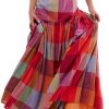 Women's Multicolour Plaid Print Ruched High Waist Casual Maxi Skirt - Image 13