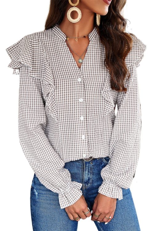 Women's Brown Plaid Flounce Sleeve Notched Neck Ruffled Shirt