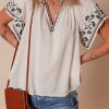 Women's White Floral Embroidered Short Sleeve V Neck Blouse for Summer - Image 6