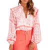 Women's Desert Flower Vintage Print Smocked Poet Collar Blouson Sleeve Blouse - Image 6