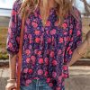 Women's Purple Floral Half Sleeve Split Neck Blouse - Chic Summer Top - Image 3