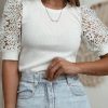 Women's Elegant White Lace Floral Patchwork Ribbed Knit Half Sleeve T-Shirt - Image 6