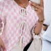 Women's Light Pink Checkered Knitted Lace-Up Ruffled 3/4 Sleeve Cardigan - Image 5