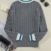 Women's Medium Grey Color Contrast Ribbed Edge Cable Knit V Neck Sweater - Image 10