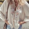 Women's Beige Floral Embroidered Textured Puff Sleeve Loose Shirt - Image 6