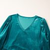 Women's Elegant Sea Green Velvet V Neck Peplum Hem Puff Sleeve Blouse - Image 16