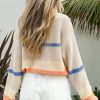 Women's Cozy Beige Colorblock Striped Drop Shoulder Sweater - Image 3