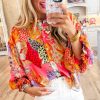 Women's Red Abstract Floral Print Buttoned Ruffled Bubble Sleeve Shirt - Image 2