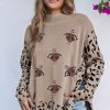 Women's Khaki Sequin Turkey Leopard Mixed Pattern High Neck Sweater with Slits - Image 3