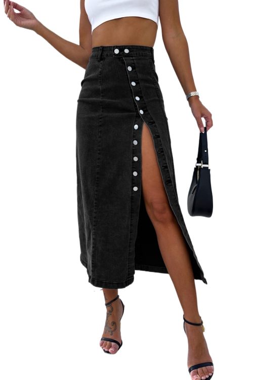 Women's Black High Waist Denim Midi Skirt with Button Fly and Side Split