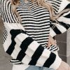 Women's Black and White Striped Drop Shoulder Bishop Sleeve Knit Sweater - Image 2