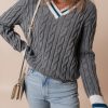 Women's Medium Grey Color Contrast Ribbed Edge Cable Knit V Neck Sweater - Image 7